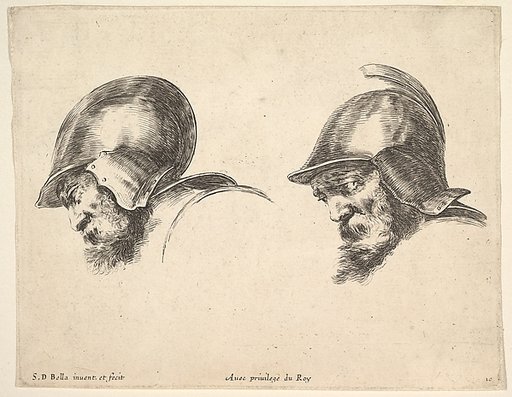 Two heads of old soldiers wearing helmets, both facing left and looking downwards, plate 10 from "The Principles of Design" (I principii del disegno)
