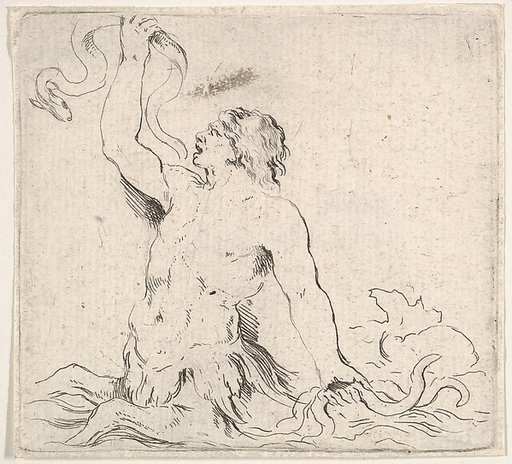 A triton in the water, facing left, holding up an eel in his right hand and two other eels underwater in his left hand, plate 7 from "Second collection of various doodles and etching proofs" (Second recueil de divers griffonnements et preuves d'eauforte)