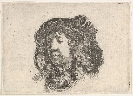 Head of a young man in a cap adorned with a few feathers, turned three-quarters to the left, plate 34 from "Second collection of various doodles and etching proofs" (Second recueil de divers griffonnements et preuves d'eauforte)