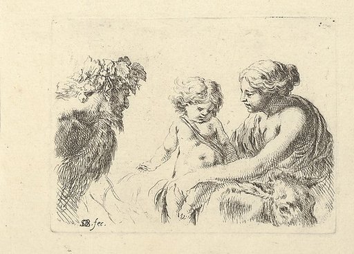 A woman at right holding her child who is sitting atop a donkey, a satyr at left looking towards the right, plate 6 from "Various figures and doodles" (Diverses figures et griffonnemens)