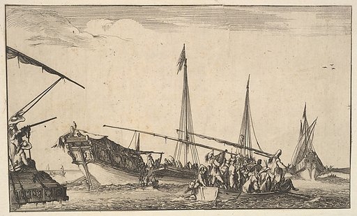 A rowboat full of men at right, a ship with men descending into a rowboat behind to left, two men with a shotgun on a ship to left, another ship to far right in the background, from "Set of eight nautical landscapes" (Suite de huit Marines)