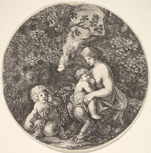 A female satyr breastfeeding an child to the right, turned towards the left, a satyr child on the ground to the left, from "Landscapes and seaports" (Paysages et ports de mer, dans des ronds)