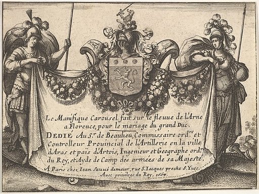 Title page from "The magnificent pageant on the Arno in Florence for the marriage of the Grand Duke" (Le Magnifique carousel fait sur le fleuve de l'Arne a Florence, pour le mariage du Grand Duc)
