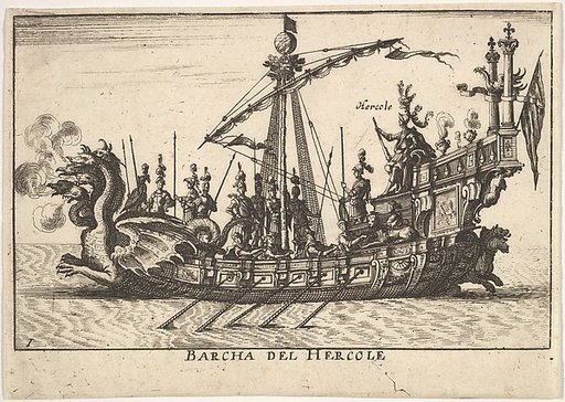 Plate 1: Ship of Hercules (Barcha del Hercole), with dragon-headed prow and Hercules on platform behind oarsmen and standing soldiers, from "The magnificent pageant on the river Arno in Florence for the marriage of the Grand Duke" (Le Magnifique carousel fait sur le fleuve de l'Arne a Florence, pour