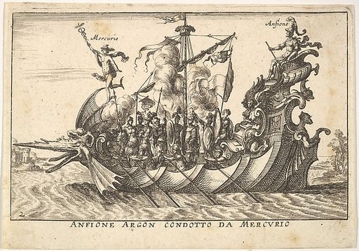 Plate 2: The Argonaut Amphion led by Mercury (Anfione Argon. condotto da Mercurio), from "The magnificent pageant on the river Arno in Florence for the marriage of the Grand Duke" (Le Magnifique carousel fait sur le fleuve de l'Arne a Florence, pour le mariage du Grand Duc)