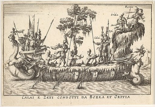Calais and Zetes led by Boreas and Oreithyia (Calai e Zeti condotti da Borea et Oritia), from "The magnificent pageant on the river Arno in Florence for the marriage of the Grand Duke" (Le Magnifique carousel fait sur le fleuve de l'Arne a Florence, pour le mariage du Grand Duc)