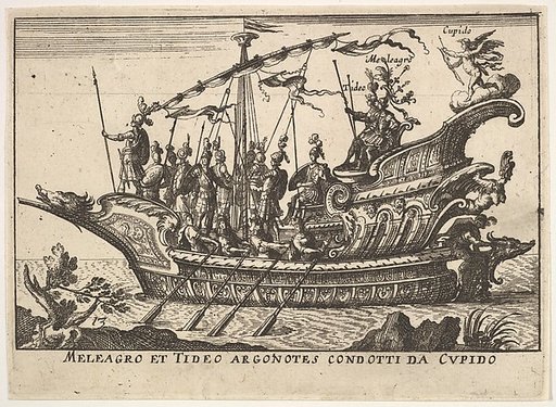 Plate 13: Argonauts Meleager and Tydeus led by Cupid (Meleagro et Tideo Argonotes condotti da Cupido), from "The magnificent pageant on the river Arno in Florence for the marriage of the Grand Duke" (Le Magnifique carousel fait sur le fleuve de l'Arne a Florence, pour le mariage du Grand Duc)