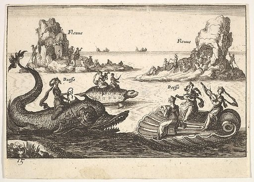 Plate 15: Rivers and goddesses, with floating islands, from "The magnificent pageant on the river Arno in Florence for the marriage of the Grand Duke" (Le Magnifique carousel fait sur le fleuve de l'Arne a Florence, pour le mariage du Grand Duc)