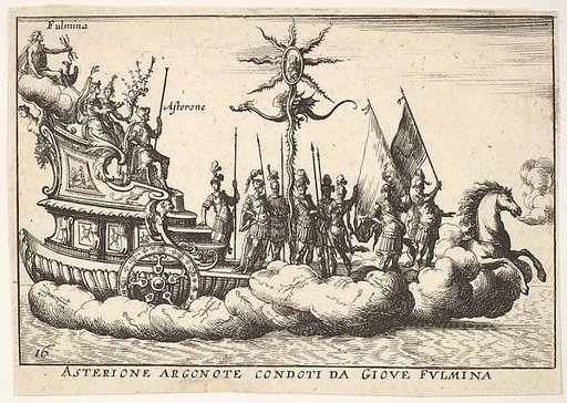 Plate 16: The Argonaut Asterion led by a young figure of lightning (Asterione argonote condoti da Giove fulmina), from "The magnificent pageant on the river Arno in Florence for the marriage of the Grand Duke" (Le Magnifique carousel fait sur le fleuve de l'Arne a Florence, pour le mariage du Grand 
