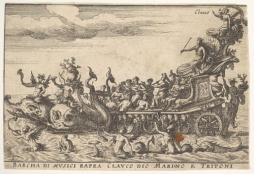 Plate 16: Ship of musicians with the sea god Claucus and tritons (Barcha di musici rapra Clauco dio marino e Tritoni), from "The magnificent pageant on the river Arno in Florence for the marriage of the Grand Duke" (Le Magnifique carousel fait sur le fleuve de l'Arne a Florence, pour le mariage du G