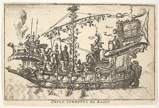Plate 18: Orpheus led by Bacchus (Orfeo condotto da Bacco), from "The magnificent pageant on the river Arno in Florence for the marriage of the Grand Duke" (Le Magnifique carousel fait sur le fleuve de l'Arne a Florence, pour le mariage du Grand Duc)