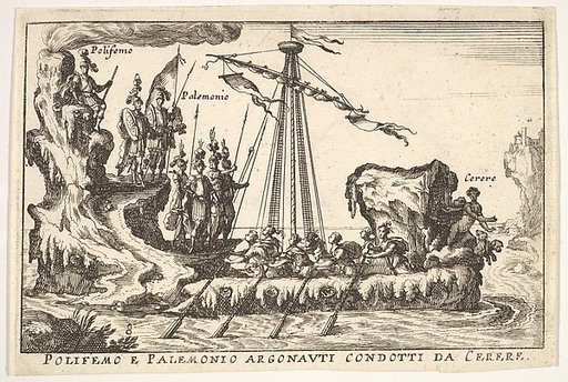 Plate 8: Polyphemus and Palemonius led by Ceres (Polifemo e Palemonio Argonauti condotti da Cerere), from "The magnificent pageant on the river Arno in Florence for the marriage of the Grand Duke" (Le Magnifique carousel fait sur le fleuve de l'Arne a Florence, pour le mariage du Grand Duc)