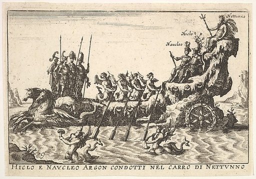 Plate 9: Argonauts Hicleus and Naucleus led in the float of Neptune (Hicleo e Naucleo Argon. condotti nel carro di Nattunno), from "The magnificent pageant on the river Arno in Florence for the marriage of the Grand Duke" (Le Magnifique carousel fait sur le fleuve de l'Arne a Florence, pour le maria