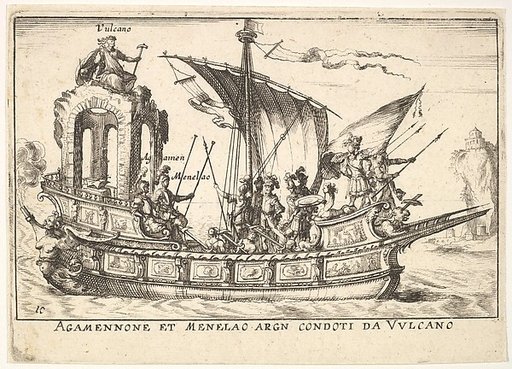 Plate 10: Agamemnon and Menelaus seated in a boat accompanied by other figures including Vulcan (Agamennone et Menelao Argn. condoti da Vulcano), from "The magnificent pageant on the river Arno in Florence for the marriage of the Grand Duke" (Le Magnifique carousel fait sur le fleuve de l'Arne a Flo