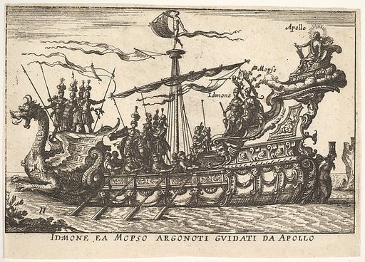 Plate 11: Idmon and Mopsus guided by Apollo (Idmone ea Mopso Argonoti guidati da Apollo), from "The magnificent pageant on the river Arno in Florence for the marriage of the Grand Duke" (Le Magnifique carousel fait sur le fleuve de l'Arne a Florence, pour le mariage du Grand Duc)