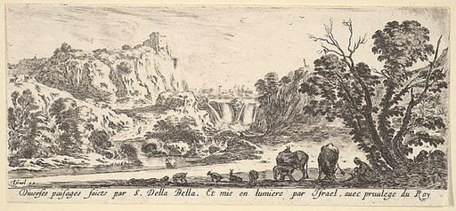 A waterfall descending from the mountains in the center background, various animals and a woman and child beneath a tree in the foreground, from "Various Landscapes" (Divers Paysages)