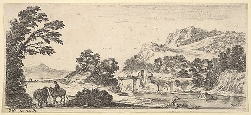 A mule carrying a woman and a peasant walking with a mule to left, a fisherman to right casting his line towards the right, a bridge in the center background, from "Various Landscapes" (Divers Paysages)