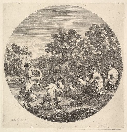 Two satyrs and a faun seated to right watching two child satyrs and another satyr with an child on his shoulders dance to left, from "Six Animal Subjects" (Six Sujets d'Animaux)