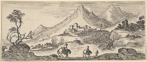 Two horsemen descend a hill in center, following another man on foot, a castle in the mountains in the center background, from "Various Landscapes" (Divers Paysages)