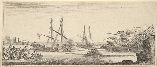 A naval battle, a rowboat full of men to left, a sinking ship to right, two galleys battling in center, other ships battle to left in the background, from "Various Landscapes" (Divers Paysages)
