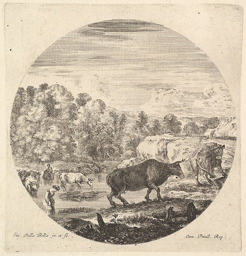 Two cows in center, followed by two peasant women and other cows in the river to left, from "Six Animal Subjects" (Six Sujets d'Animaux)