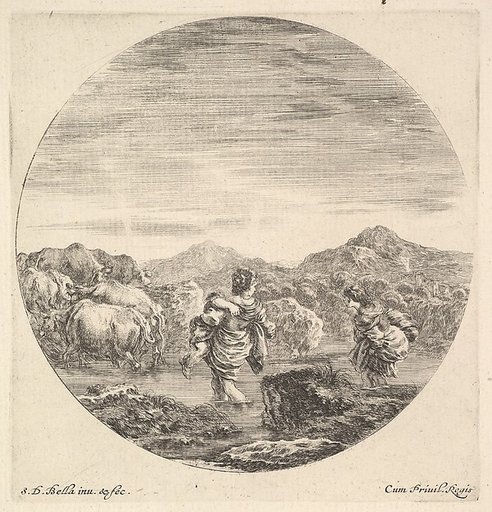 A woman carrying a child in center, seen from behind, another woman to right, facing left, following a group of cows across a river, from "Six Animal Subjects" (Six Sujets d'Animaux)