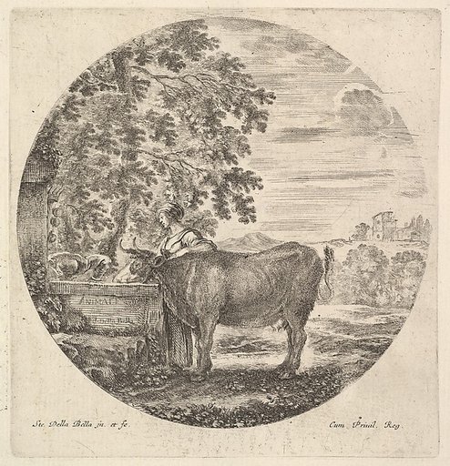 A cow in center drinking from a fountain adorned with the Medici coat of arms at left, accompanied by a shepherd standing behind, from "Six Animal Subjects" (Six Sujets d'Animaux)