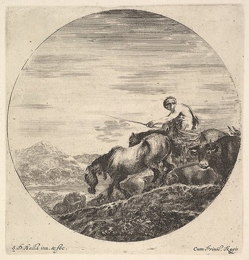 A shepherd at right, facing left, driving a group of animals downhill, from "Six Animal Subjects" (Six Sujets d'Animaux)