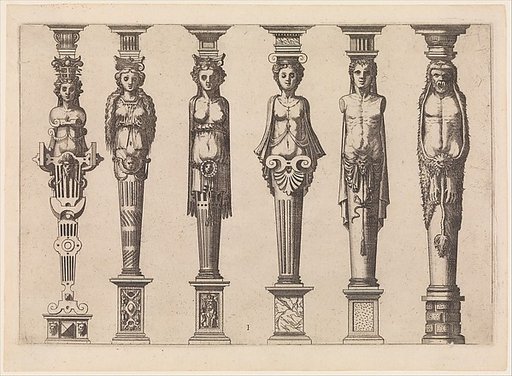 Six terms, four female and two male, with Hercules at far right, plate 1, from Caryatidum [...] sive Athlantidum multiformium ad quemlibet Architecture ordinem Accommodatarum centuria prima [...]