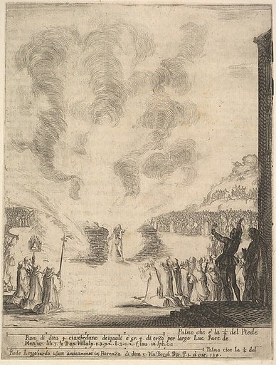 The test of fire, the monk Peter, the disciple Saint John Gualbert, passing through the flames from two pyres unharmed, from "Frontispiece and four scenes from the life of Saint John Gualbert" (Frontispice et quatre vignettes pour une vie de Saint Jean Gualbert)