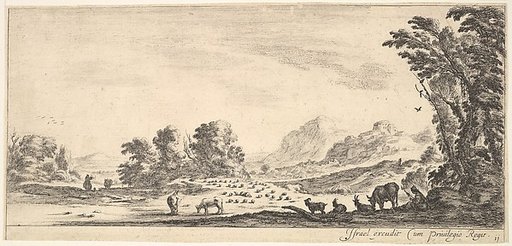 Plate 11: shepherdess seated to the right under a tree, watching her flock to the left, mountains to right in the background, from "Various Landscapes" (Divers Paysages)
