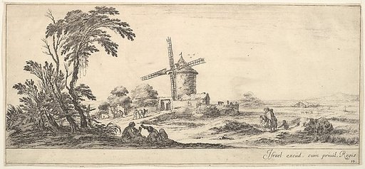 Plate 10: a family in center foreground, various figures and horses in middleground, a windmill in center background, from "Various Landscapes" (Divers Paysages)
