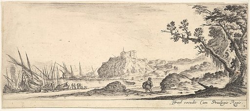 Plate 7: various boats on shore to left, a man carrying a bag, seen from behind and walking towards the background, a fortress in center background, a tree to the right, from "Various Landscapes" (Divers Paysages)