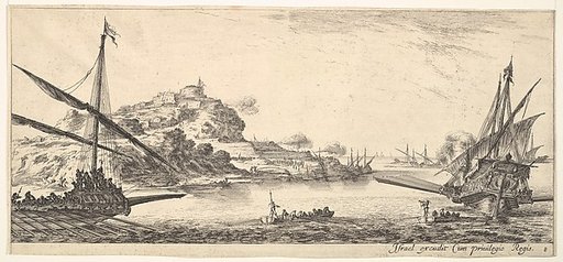 Plate 8: A the bow of a galley at left and another galley at right, seen from behind, two rowboats in center, a hill with a fortress in the background, from "Various Landscapes" (Divers Paysages)