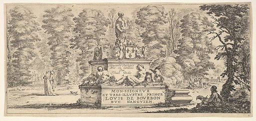 Plate 1: a monument with statues and a coat of arms in the center, a draughstman on the ground beneath a tree to right, two pairs of lovers to left in the background, from "Various Landscapes" (Divers Paysages)