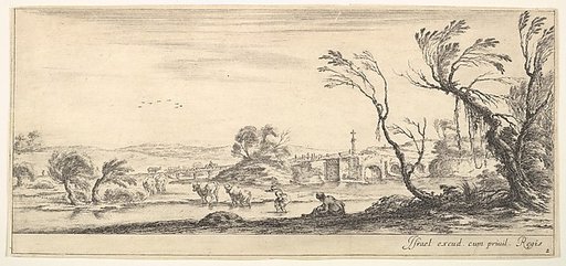 Plate 2: a peasant woman removing her shoes in center, another peasant woman and two cows in a stream to left, a bridge to right in the background, from "Various Landscapes" (Divers Paysages)