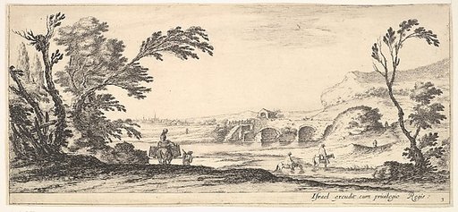 Plate 3: two horsemen crossing a river to right, a woman with two baskets atop a donkey to left, trees to the left and right, a bridge in the background, from "Various Landscapes" (Divers Paysages)