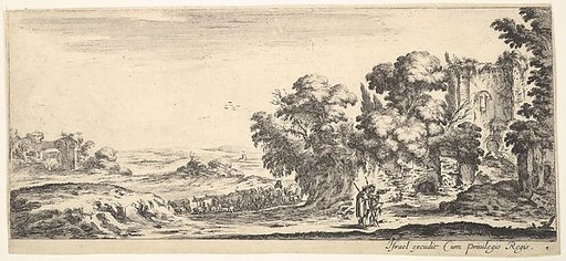 Plate 4: two pilgrims observing ruins to right, one pointing towards the right, a shepherd and a herd of cattle in center background, from "Various Landscapes" (Divers Paysages)