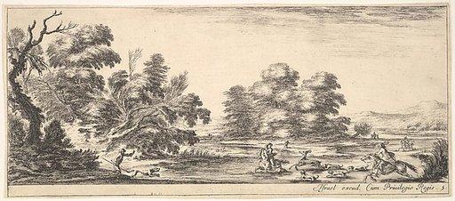 Plate 5:  two horsemen in a stream to right, riding towards the left, following four dogs chasing a stag, another dog running into the water from the left, from "Various Landscapes" (Divers Paysages)