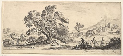 Plate 6: a fisherman carrying a net to left, two horsemen in a stream to right, a tree in center, castle ruins to right in the background, from "Various Landscapes" (Divers Paysages)