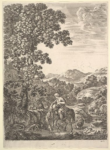 A shepherd on horseback in the middle of a stream, dogs, goats and cows follow, a large tree to left and mountains to right in the background, from "Four large landscapes" (Quatre grands paysages en hauteur)