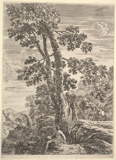 A fisherman leaning against a large tree, a woman walking next to a horse in the background, from "Four large landscapes" (Quatre grands paysages en hauteur)