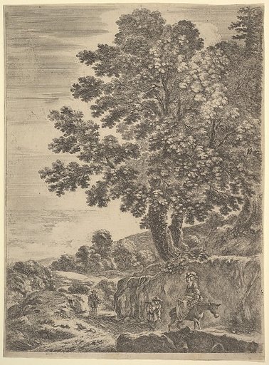 A young woman seated on a donkey wearing a hat, two men follow to left, a large tree above to right, from "Four large landscapes" (Quatre grands paysages en hauteur)