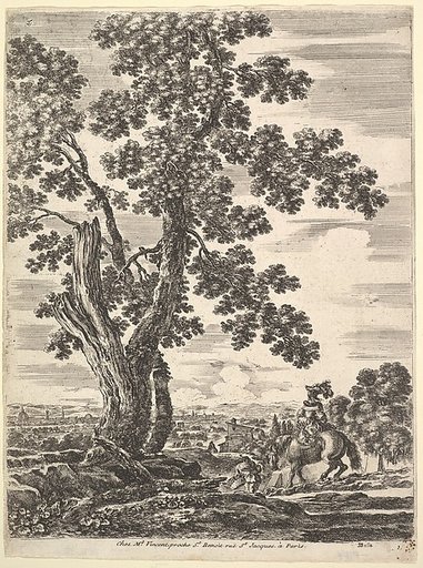 A woman on horseback descending a hill, a large tree to the left, landscape of Florence in the background, from "Four large landscapes" (Quatre grands paysages en hauteur)