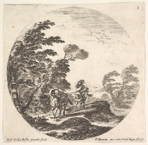 Plate 3: a gale in the forest, two horsemen wrapped in their cloaks, the wind blowing, from "Roman landscapes and ruins" (Paysages et ruines de Rome)