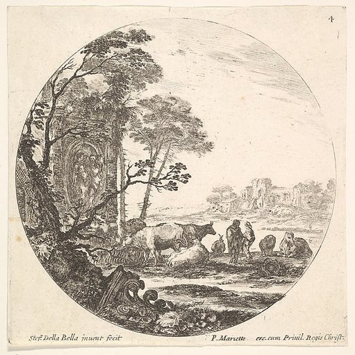 Plate 4: a Corinthian capital on the ground, a monument with figures in low relief, various animals and two shepherds, from "Roman landscapes and ruins" (Paysages et ruines de Rome)