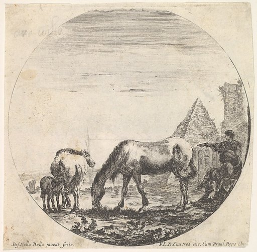 Plate 11: the pyramid of Caius Cestius, a horse grazing, a foal suckling a mare, a seated shepherd and another standing, from "Roman landscapes and ruins" (Paysages et ruines de Rome)