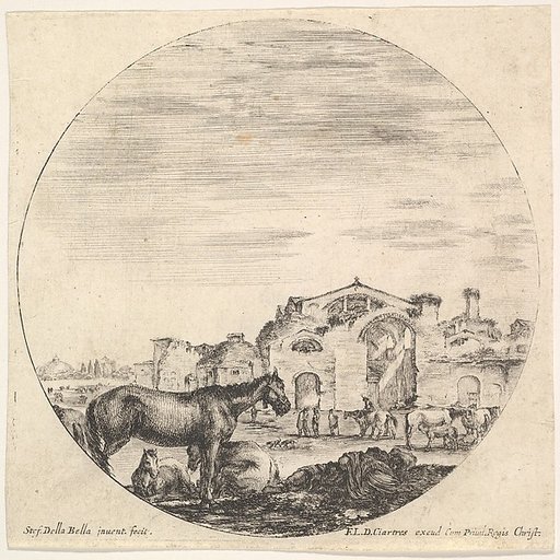 Plate 12: a shepherd sleeping on the ground, the Baths of Diocletian in the background, from "Roman landscapes and ruins" (Paysages et ruines de Rome)