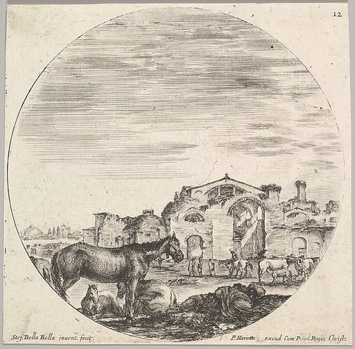 Plate 12: a shepherd sleeping on the ground, the Baths of Diocletian in the background, from "Roman landscapes and ruins" (Paysages et ruines de Rome)
