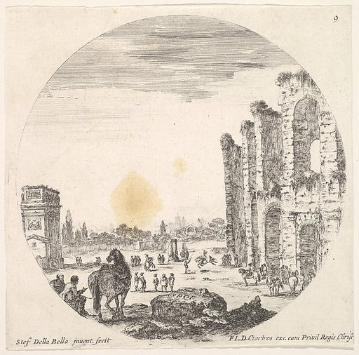Plate 9: the Arch of Constantine to left, part of the Colosseum to right, from "Roman landscapes and ruins" (Paysages et ruines de Rome)